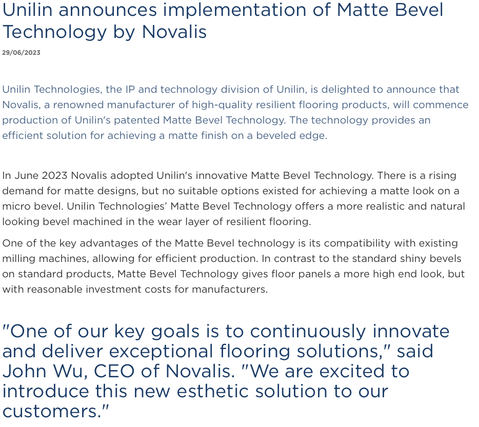 Unilin announces implementation of Matte Bevel Technology by Novalis